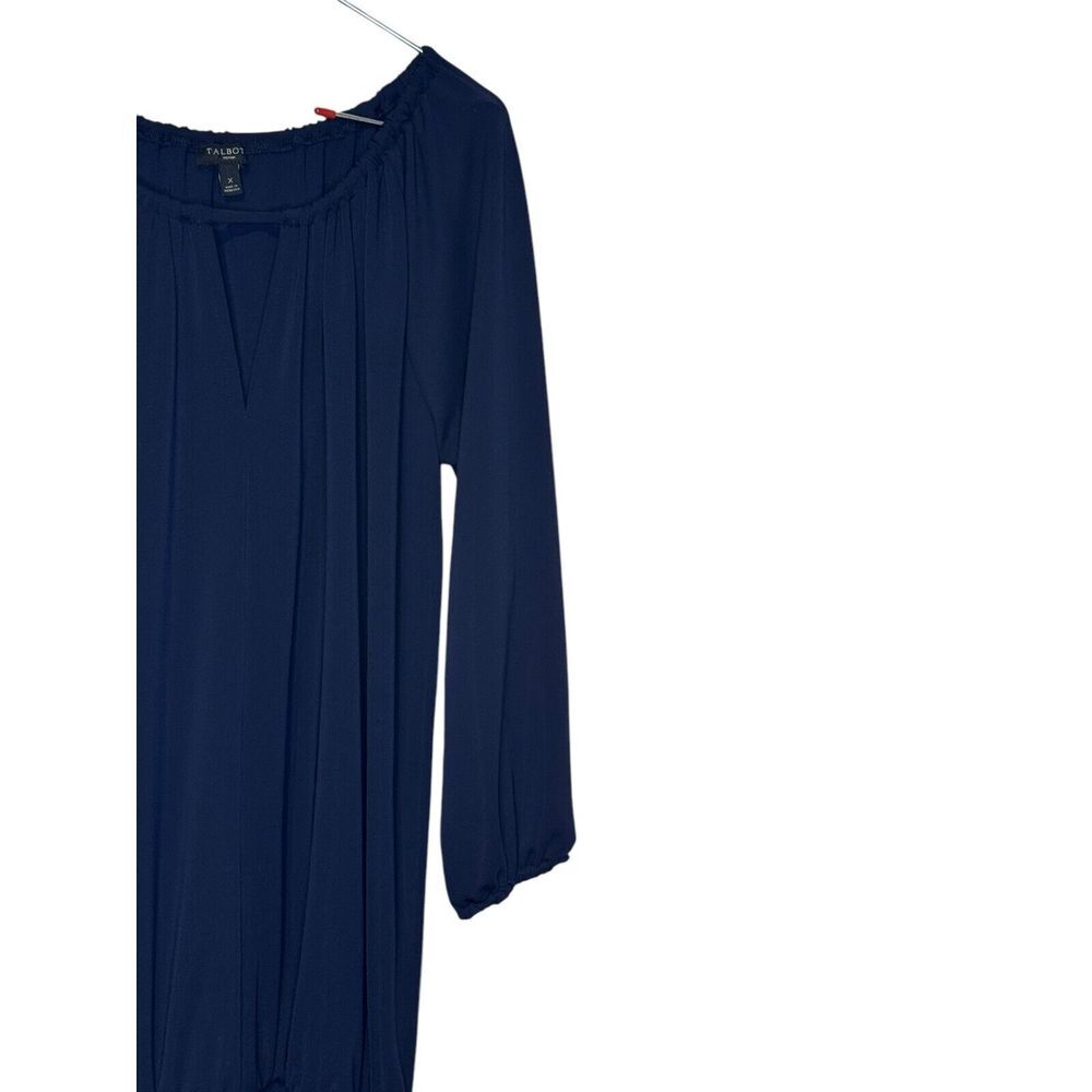 Talbots Women's Dress Midi Boatneck‎ 3/4 Sleeves Blouson Waist Navy Blue Large - Picture 2 of 10